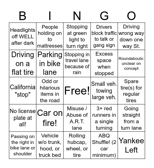 Albuquerque Driving  Bingo Card