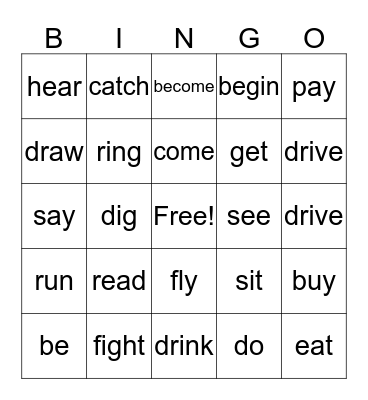 Irregular Verbs Bingo Card