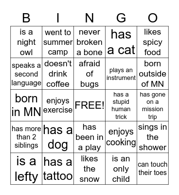 Getting To Know You Bingo Card