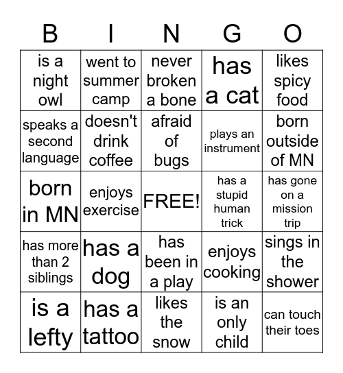 Getting To Know You Bingo Card