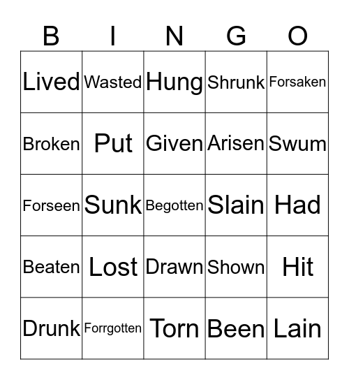Past particple verbs Bingo Card