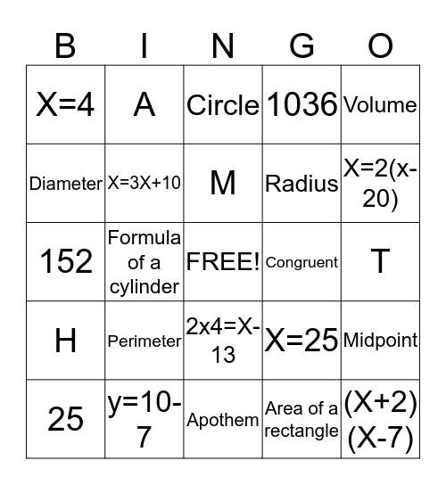 MATH BINGO Card