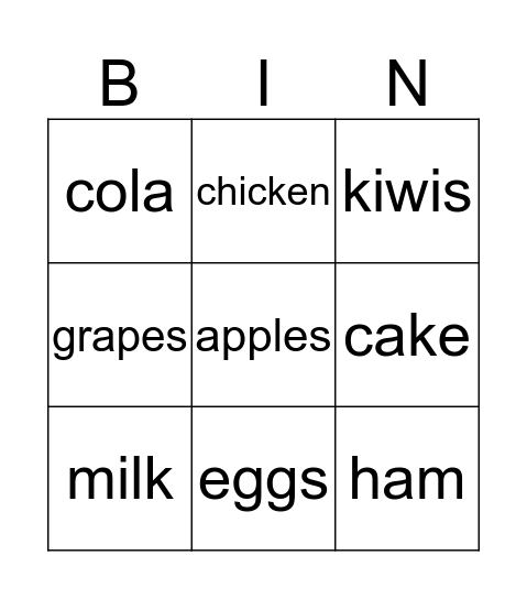 Food and Drinks Bingo Card