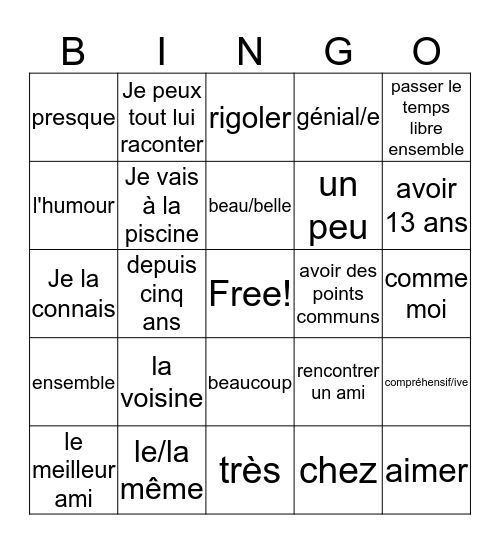 Unité 2 - Vocabulaire Bingo Card