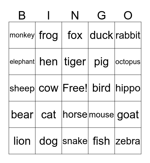 ANIMALS Bingo Card