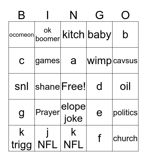 TG Bingo Card