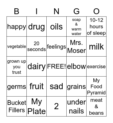1st Grade Health Review Bingo Card