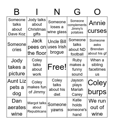 Reagan/Hotchkiss/Fraleigh Thanksgiving 2019 Bingo Card