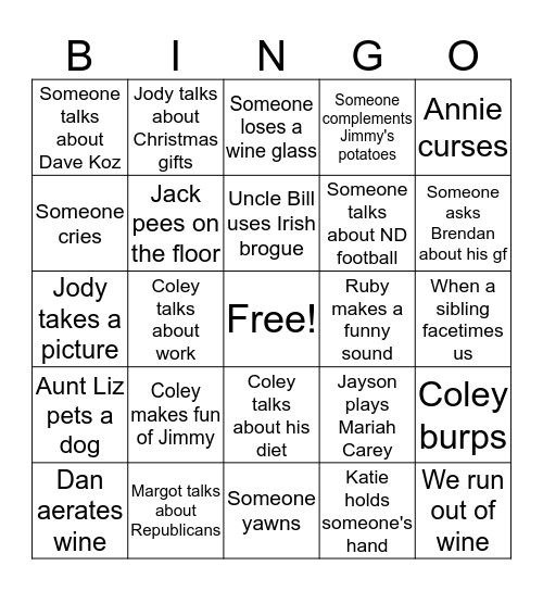 Reagan/Hotchkiss/Fraleigh Thanksgiving 2019 Bingo Card