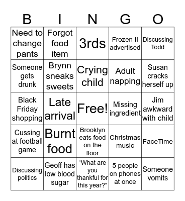 Cousin Thanksgiving BINGO Card