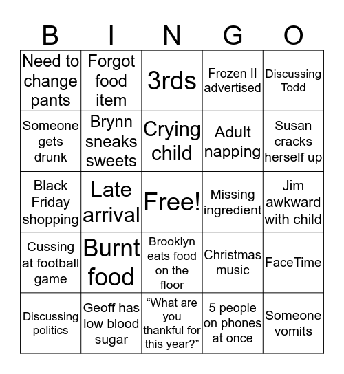 Cousin Thanksgiving BINGO Card