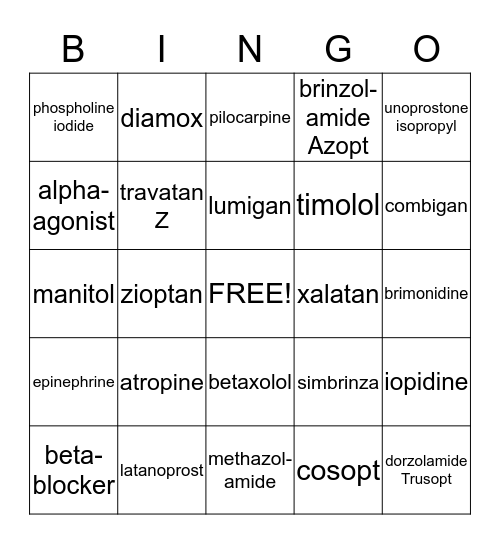 Glaucoma Rx Bingo Card