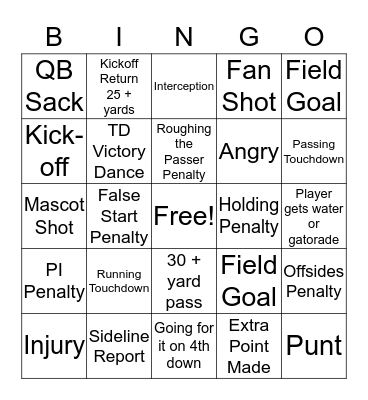 Turkey Day Football Bingo Card