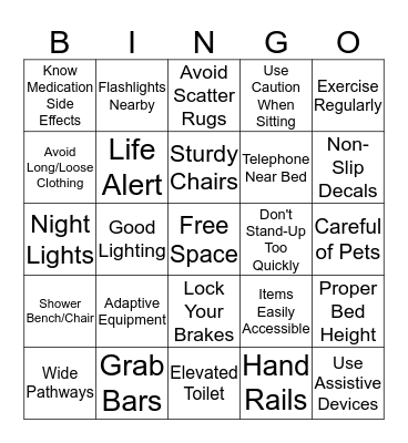 Fall Prevention Bingo Card