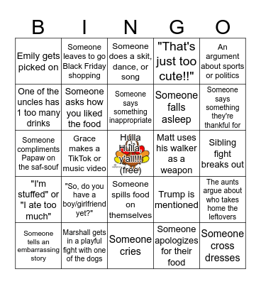 Thomas Family Thanksgiving 2019 Bingo Card