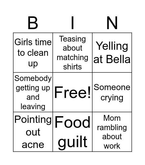 Bad family dinner pt 2 Bingo Card