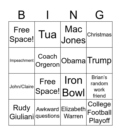 Barlow Thanksgiving 2019 Bingo Card