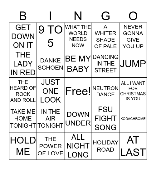 Song Bingo Card