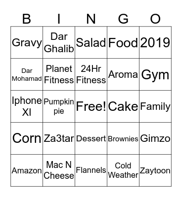 Dar Ata Thanksgiving 2019 Bingo Card