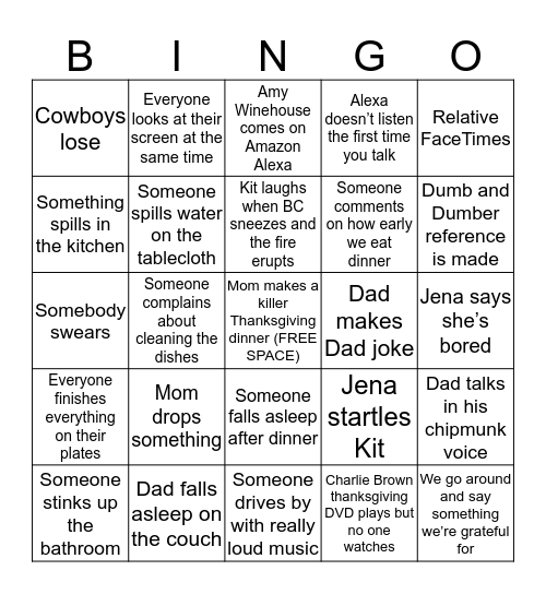 Family Thanksgiving Bingo Card