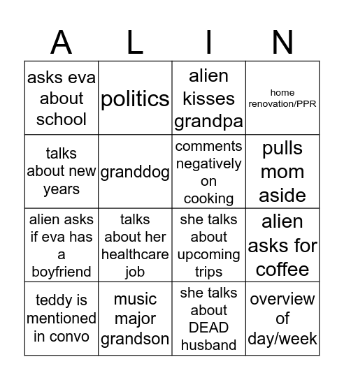 Alien Bingo  Bingo Card