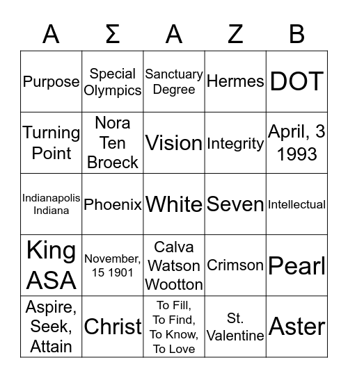 Alpha Sigma Alpha- Zeta Beta Bingo Card