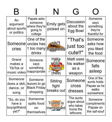 Thomas Family Thanksgiving 2019 Bingo Card