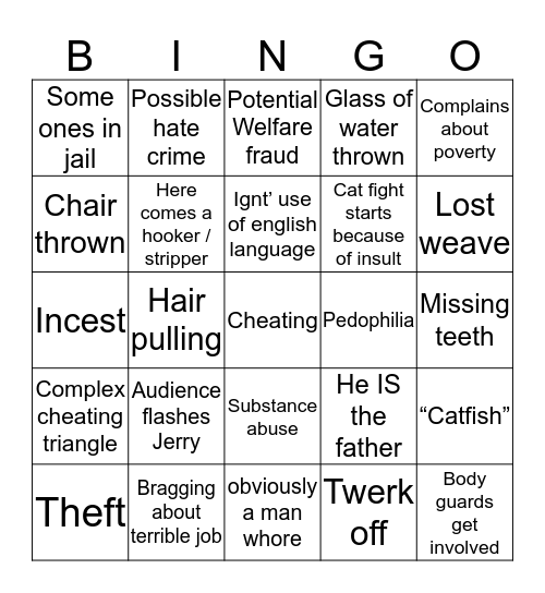 Jerry Springer Bingo Card