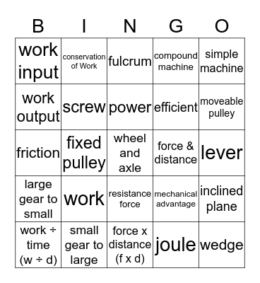 Integrated Science: Simple Machine Vocabulary Review Bingo Card
