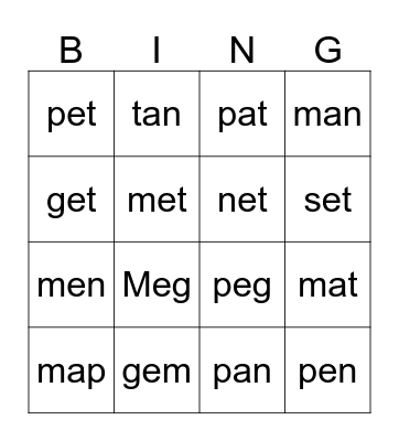 Phonics words 1 and 2 Bingo Card