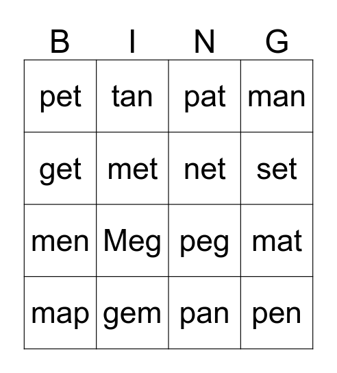 Phonics words 1 and 2 Bingo Card