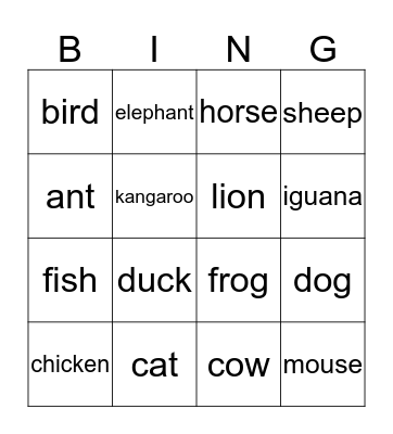 animals Bingo Card