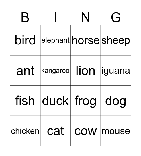 animals Bingo Card