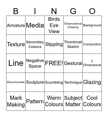 Junior Art Lingo Bingo Card