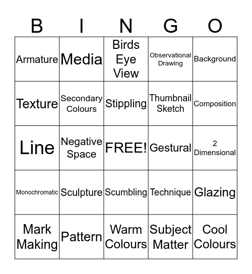 Junior Art Lingo Bingo Card