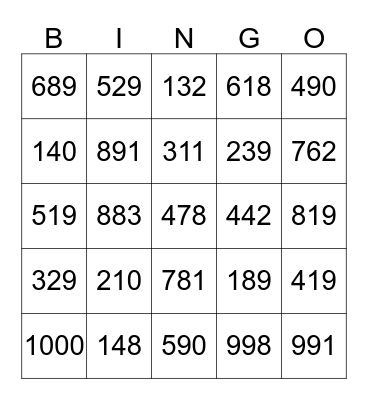 Number Name Bingo Card