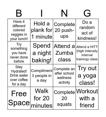December Fitness Challenge! Bingo Card