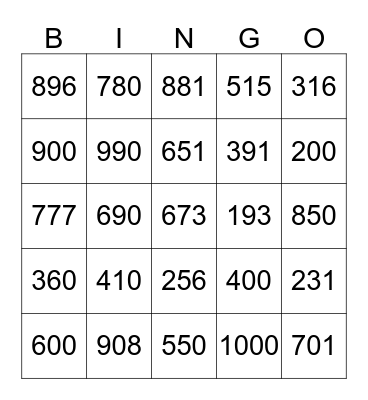 Number Name Bingo Card