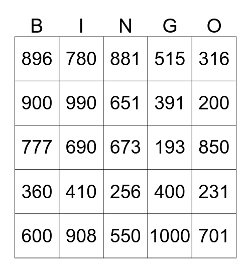 Number Name Bingo Card