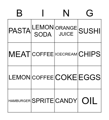 Food and Drink Bingo Card