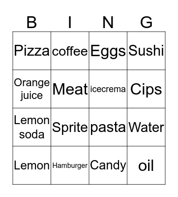 food end drink Bingo Card