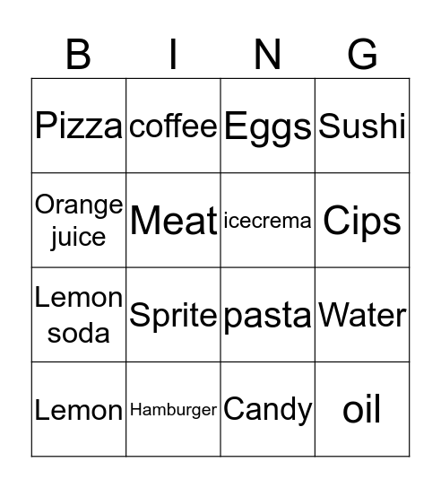 food end drink Bingo Card