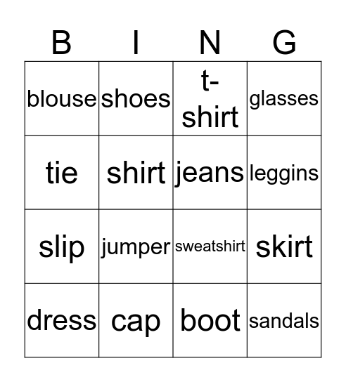 clothes Bingo Card