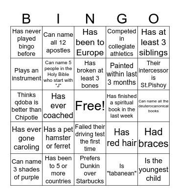 St.Pishoy Ice Breaker Bingo Card