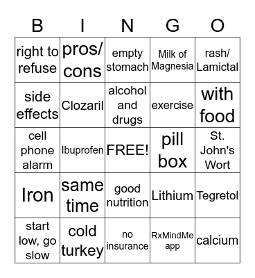 Medication Management Bingo Card