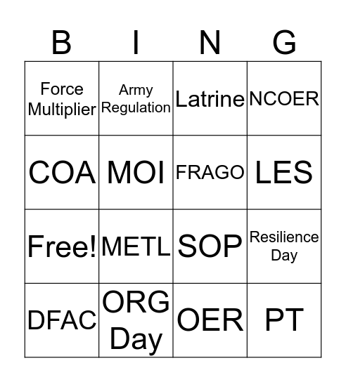 Military Bingo Card