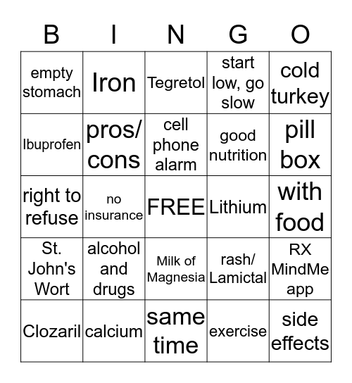 Medication Management Bingo Card