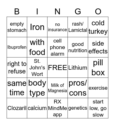 Medication Management Bingo Card