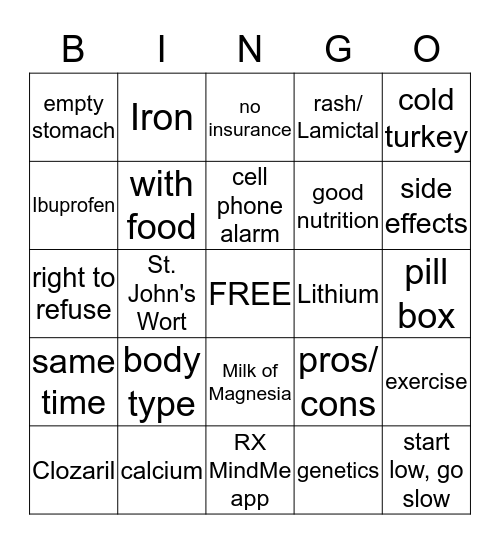 Medication Management Bingo Card