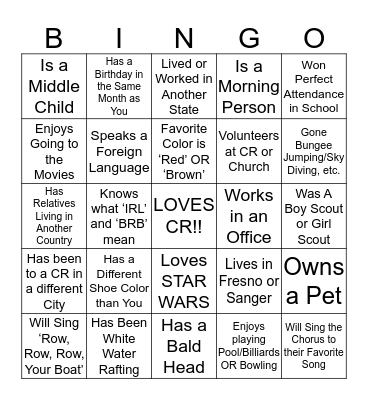 CR Human Bingo Card